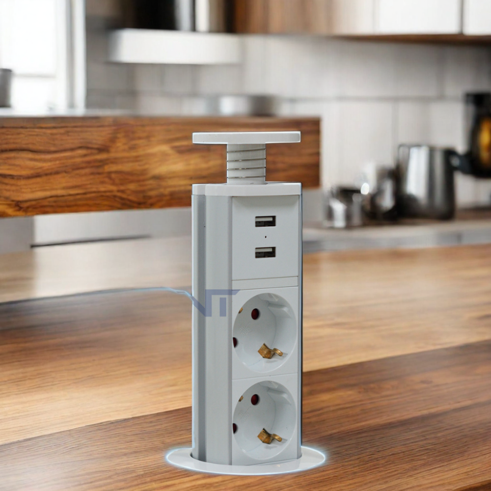 OEM / ODM IP44 6 سم أبيض اللون المطبخ عمودي برج منفذ الطاقة مع شحن USB