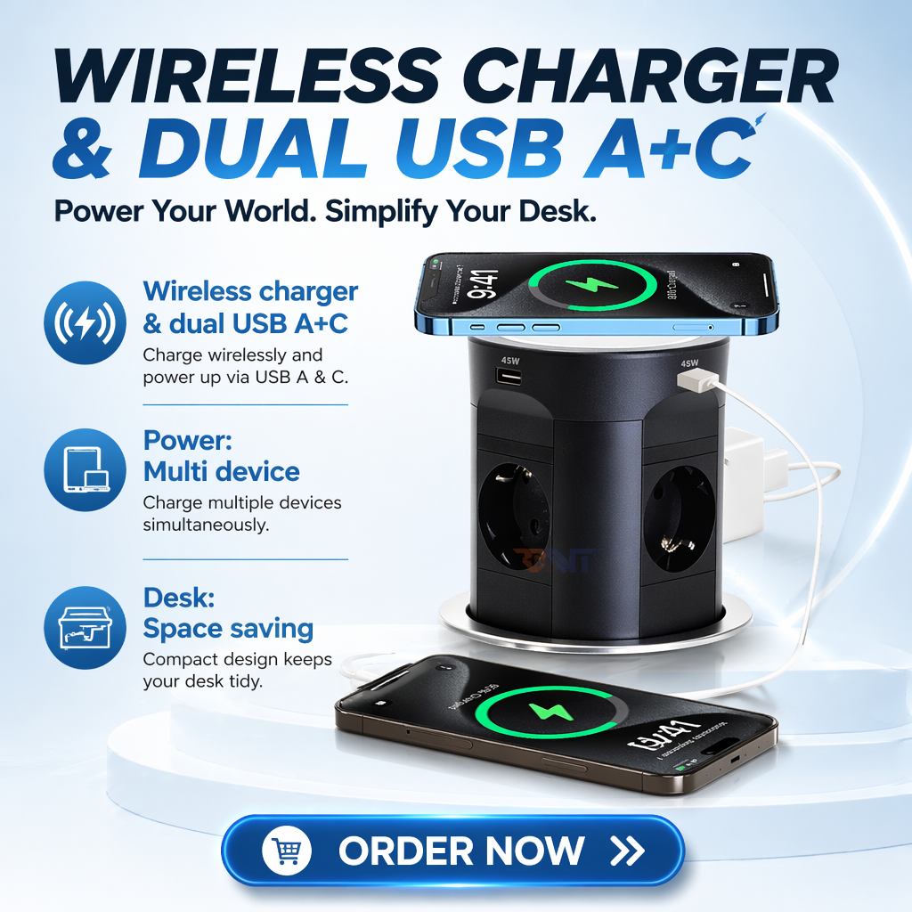 BNT Tabletop Office Commercial Use 4 AC Power Pneumatic Pop-Up Desktop Socket Kitchen Socket with Dual USB A+C Port PD45W Charge