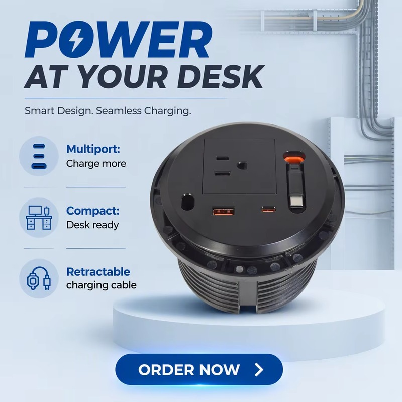 US standard IP44 self grounding sofa socket with retractable Type-C charging cable