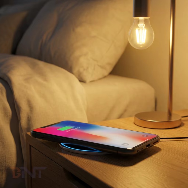 Wireless charging module in use on a wooden desk with a phone