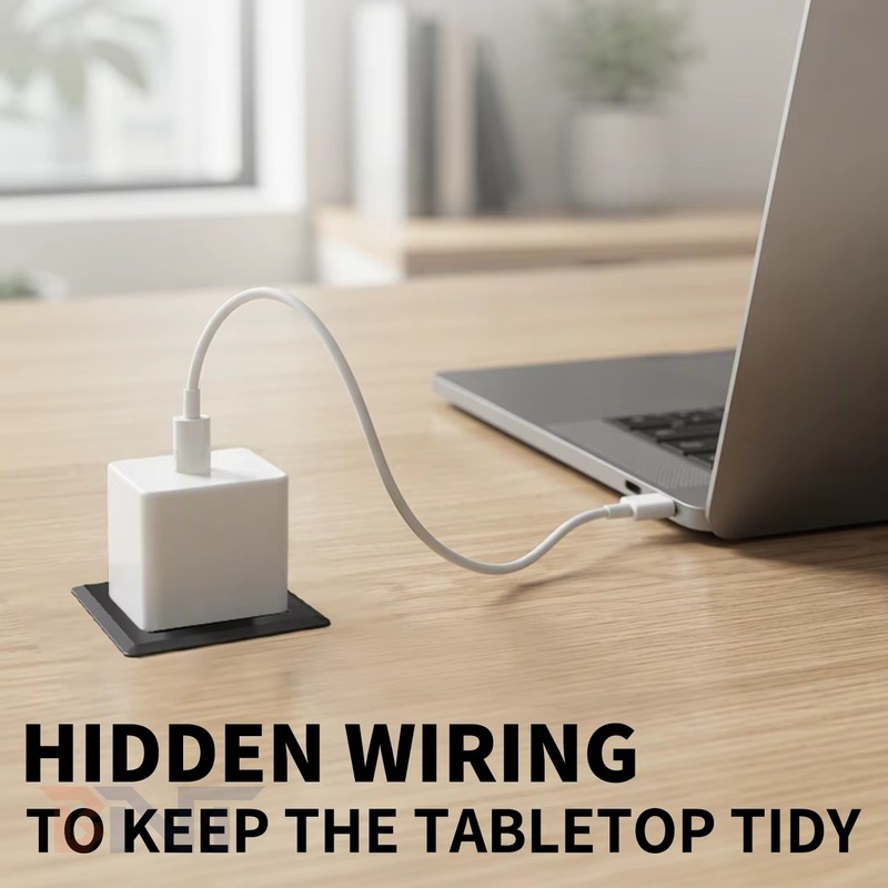 TS46US recessed socket under a desk with a laptop charging